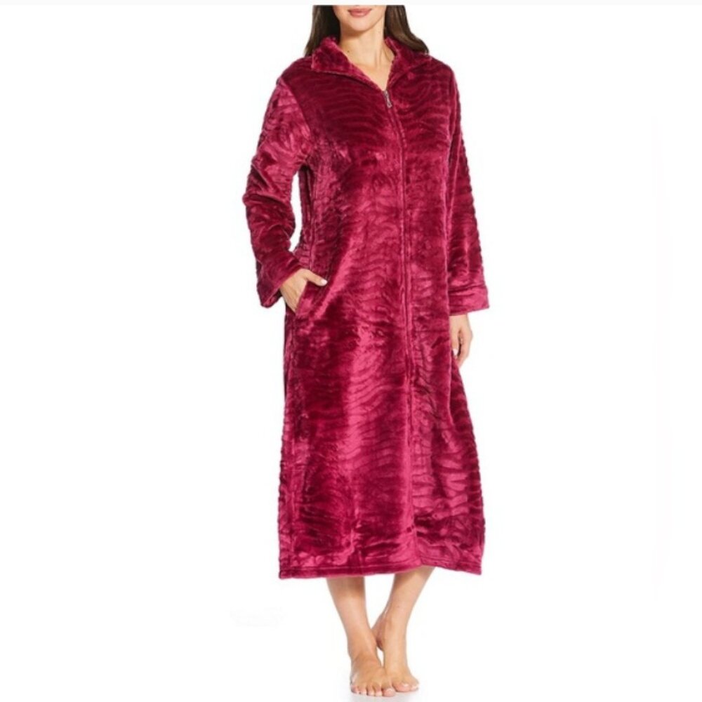 Miss Elaine Long Sleeve Collared Neck Fleece Long Zip-Front Robe Size Medium